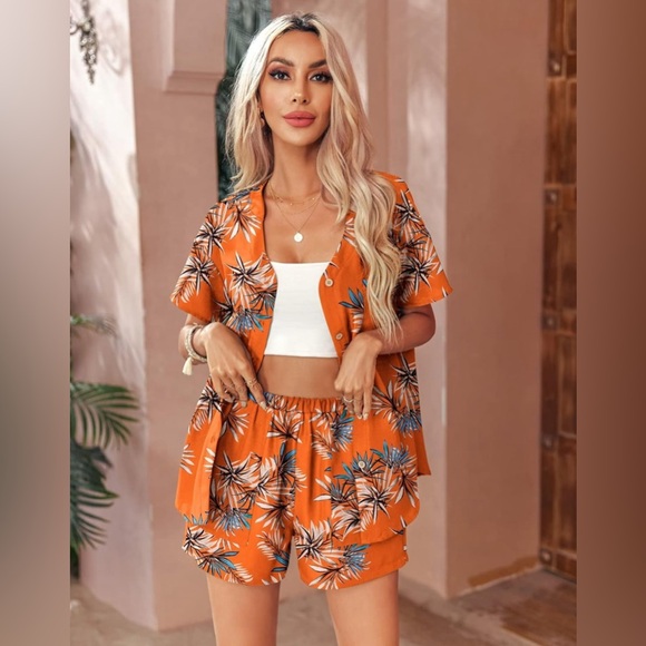 Tropical 2pc Button Down Shirt + Shorts Vacation Set - Picture 4 of 13